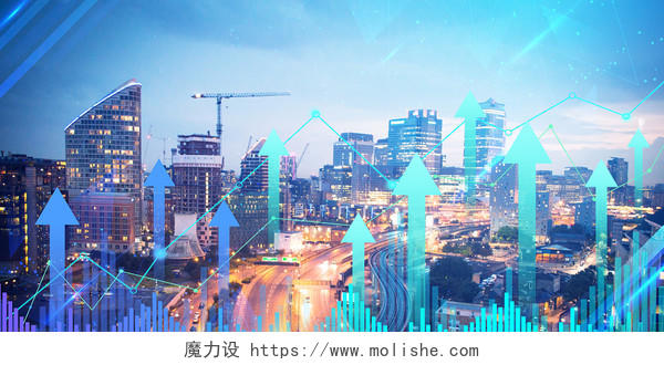 蓝色科技感场景城市数据线条光效向上箭头展板背景